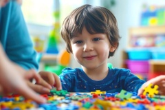 A teacher works with an autistic kid at a table in the playroom